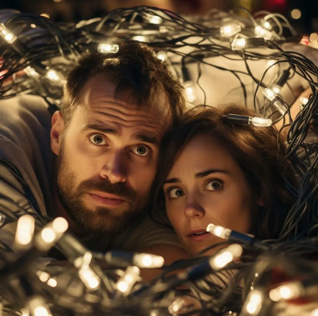Couple tangled up in lights